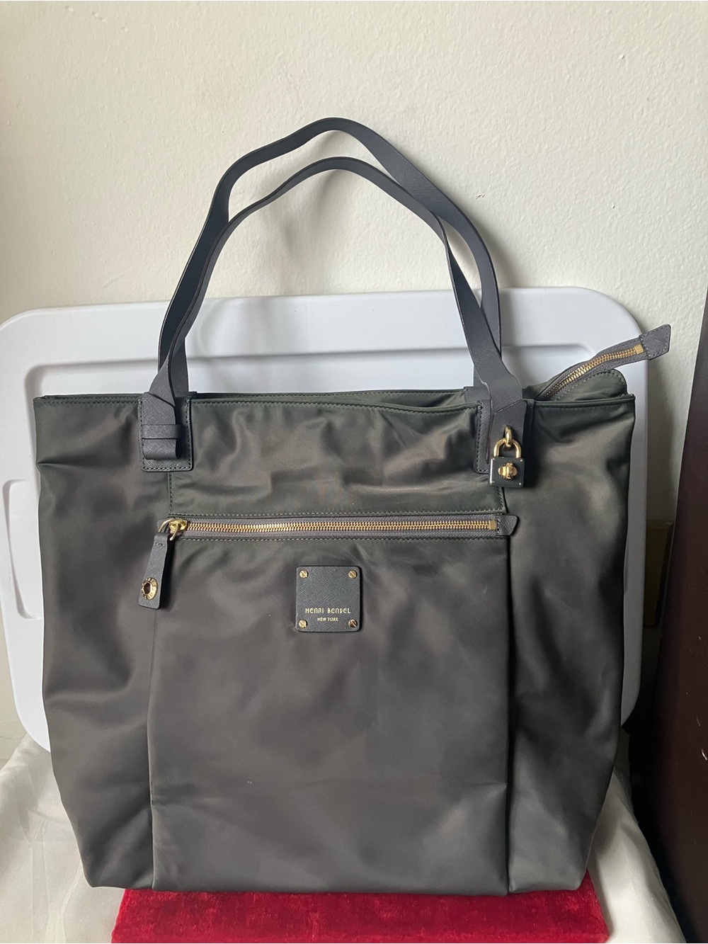 HENRI BENDEL Dark Gray Nylon Saffiano Leather Trim Jetsetter Tote Bag USED